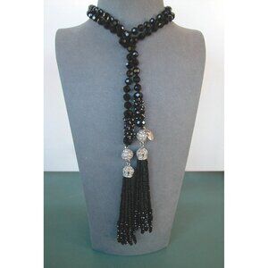 Black Beaded Bolo Necklace With Silver Accents & Tassels 58"